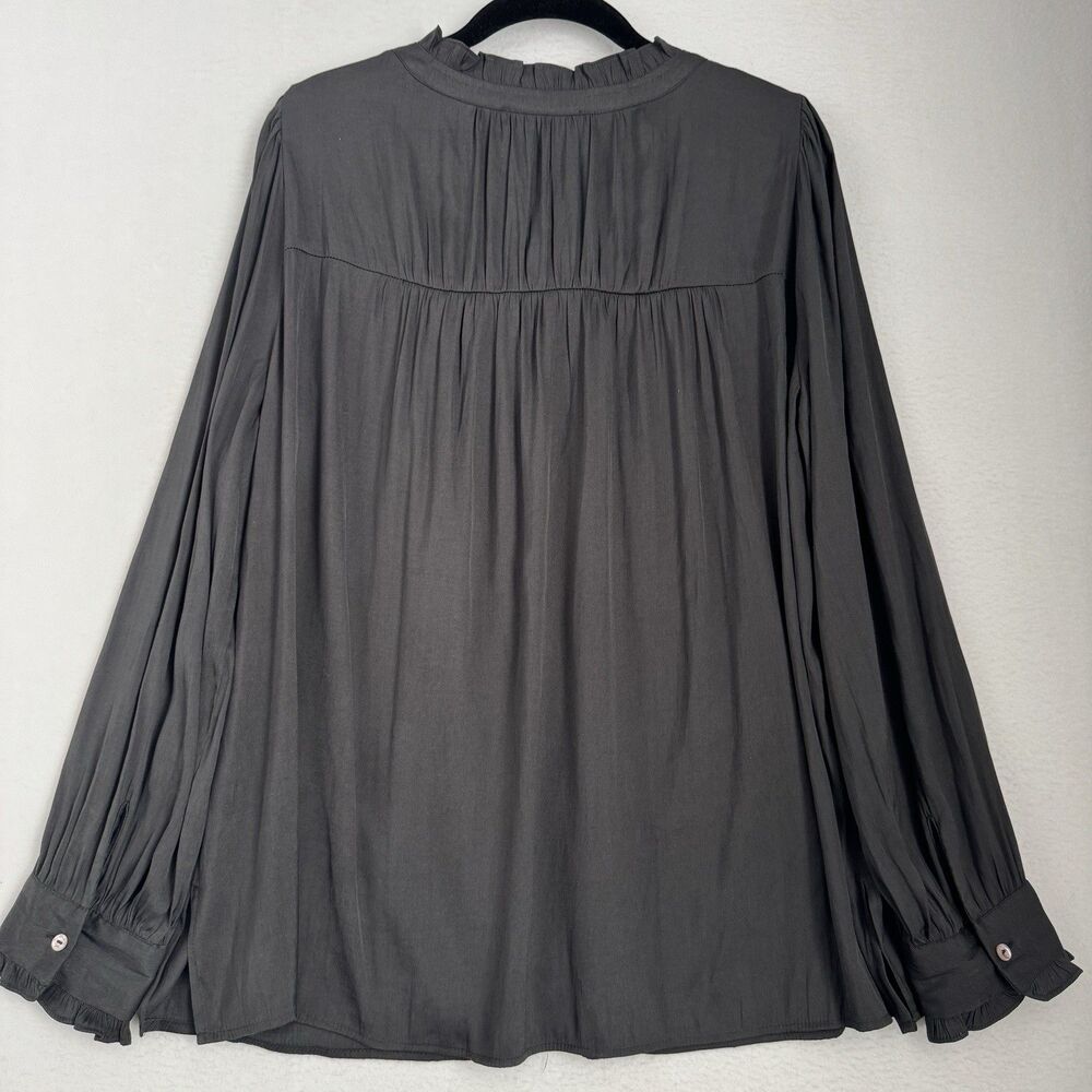 Rose + Olive Blouse Women L Charcoal Gray Ruffle Button Front Boho Romantic Top - Picture 2 of 7